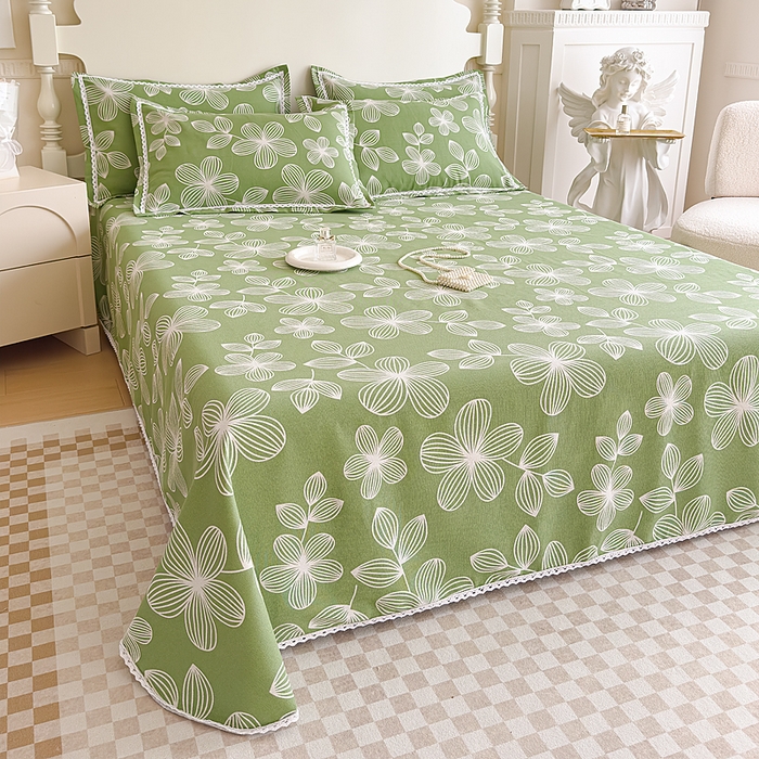 91家纺网 家纺一手货源 找家纺 仟网汇 2026新款老粗布蕾丝花边凉席席子三件套（无纺布手提包装） 绿色大花