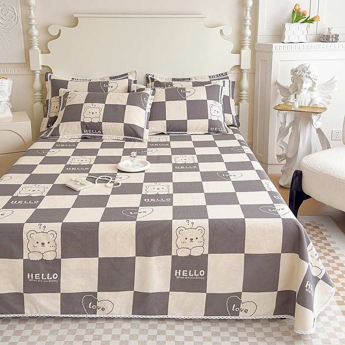 91家纺网 家纺一手货源 找家纺 仟网汇 2026新款老粗布蕾丝花边凉席席子三件套（无纺布手提包装） 棋盘熊