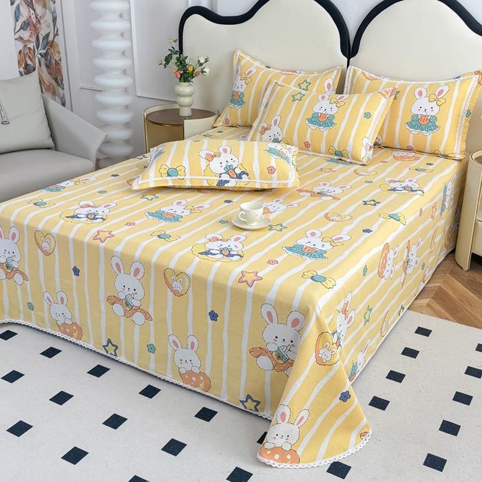 91家纺网 家纺一手货源 找家纺 仟网汇 2026新款老粗布蕾丝花边凉席席子三件套（无纺布手提包装） 橙心兔