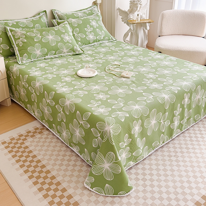 91家纺网 家纺一手货源 找家纺 仟网汇 2026新款老粗布蕾丝花边凉席席子三件套（无纺布手提包装） 绿色大花