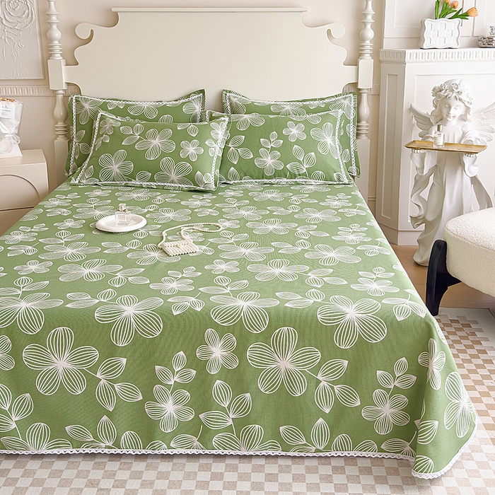 91家纺网 家纺一手货源 找家纺 仟网汇 2026新款老粗布蕾丝花边凉席席子三件套（无纺布手提包装） 绿色大花