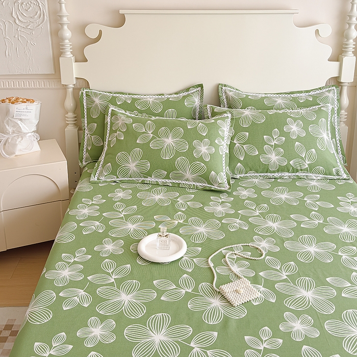 91家纺网 家纺一手货源 找家纺 仟网汇 2026新款老粗布蕾丝花边凉席席子三件套（无纺布手提包装） 绿色大花