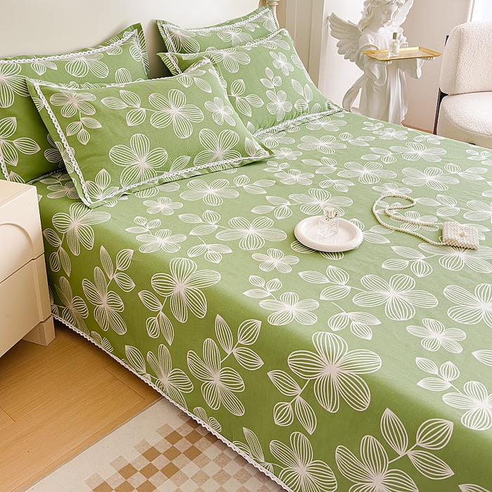 91家纺网 家纺一手货源 找家纺 仟网汇 2026新款老粗布蕾丝花边凉席席子三件套（无纺布手提包装） 绿色大花