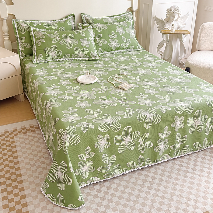 91家纺网 家纺一手货源 找家纺 仟网汇 2026新款老粗布蕾丝花边凉席席子三件套（无纺布手提包装） 绿色大花