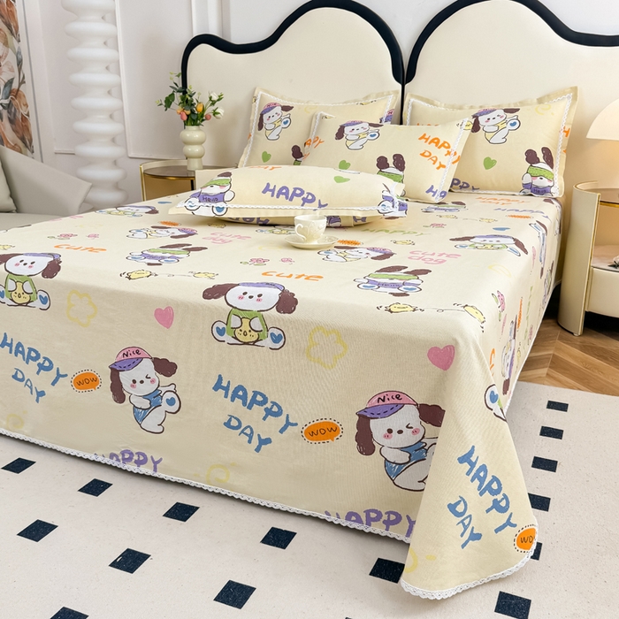 91家纺网 家纺一手货源 找家纺 仟网汇 2026新款老粗布蕾丝花边凉席席子三件套（无纺布手提包装） 快乐小狗