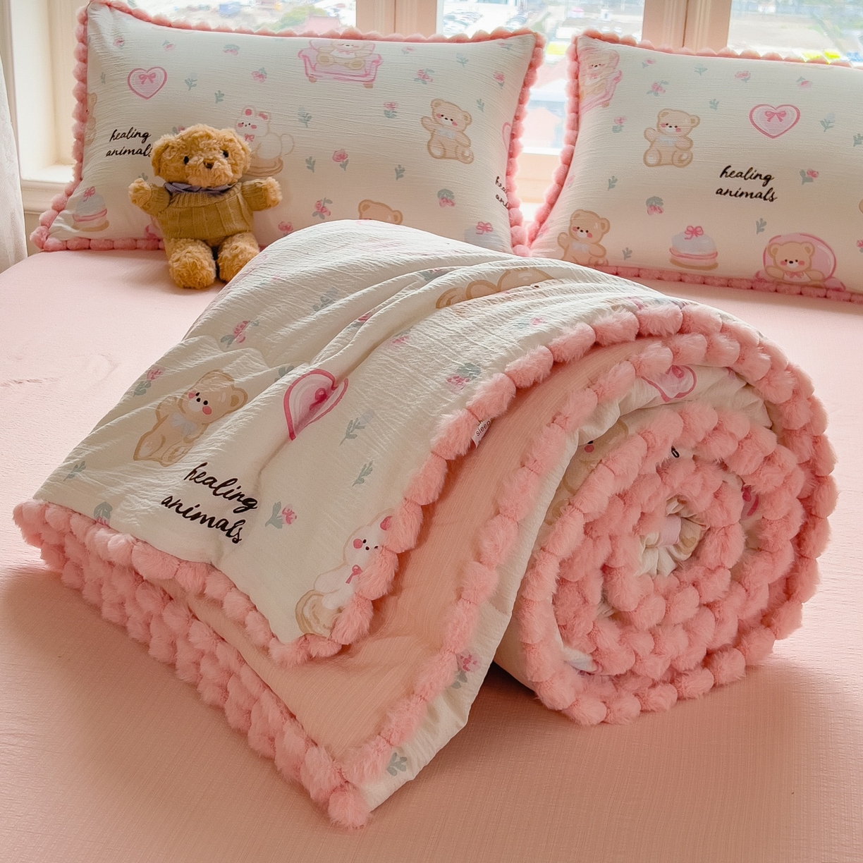 91家纺网 家纺一手货源 找家纺 （总）宝士康家纺 2026新款10A抗菌毛球花边邹邹纱夏被