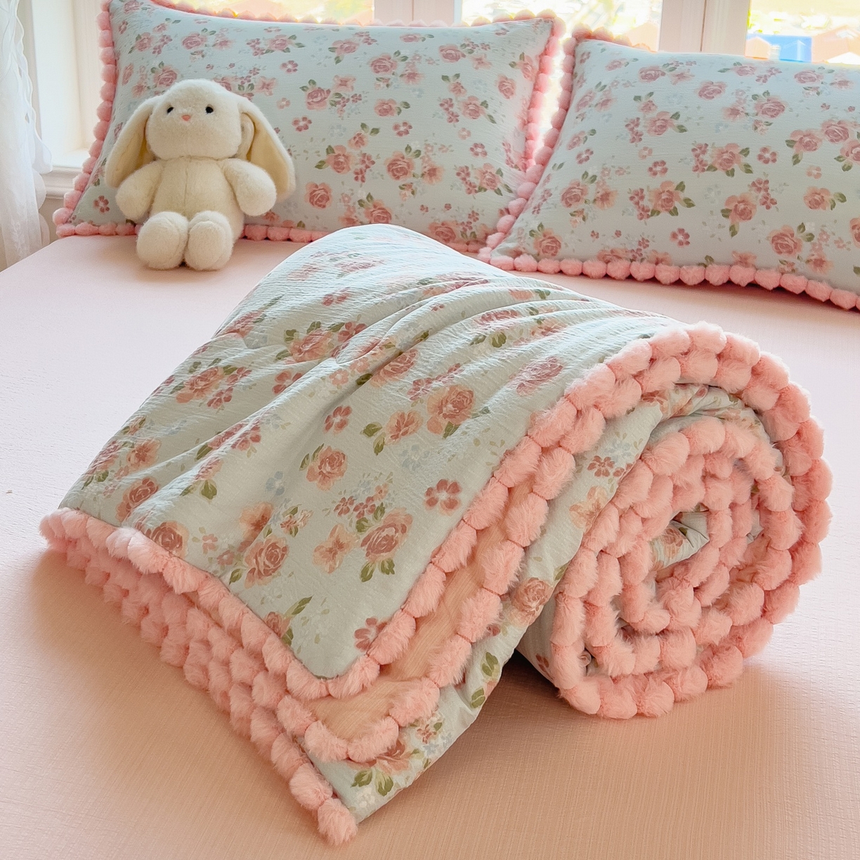 91家纺网 家纺一手货源 找家纺 宝士康家纺 2026新款10A抗菌毛球花边邹邹纱夏被 沐春