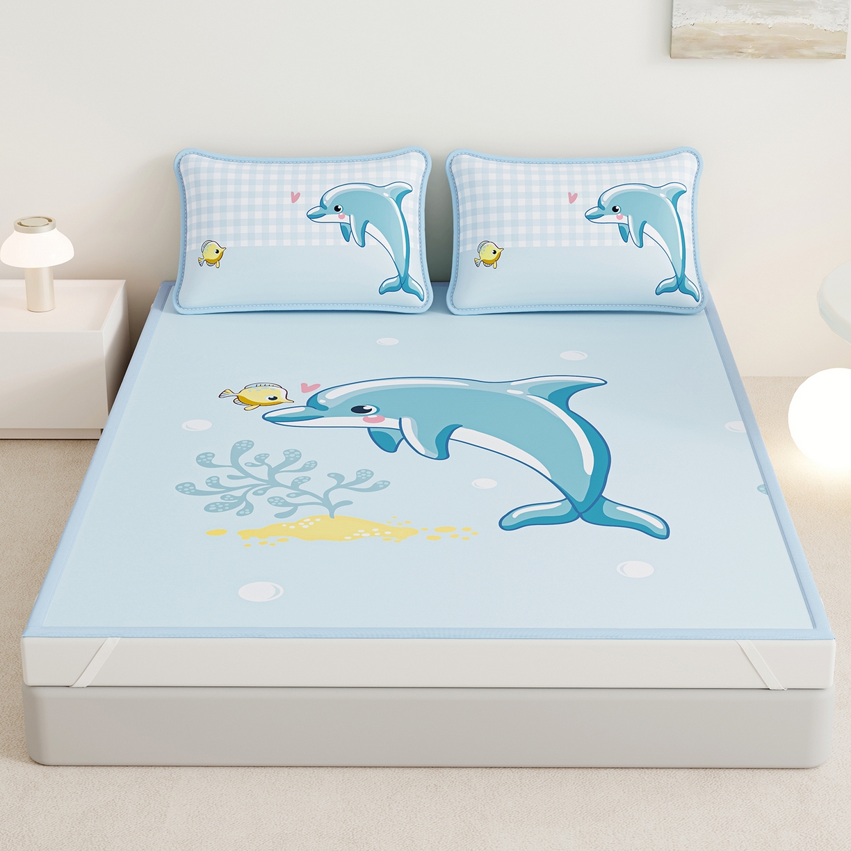奇丝雅 2026A类数码印花大版卡通冰丝凉席双人席可机洗学生宿舍空调软席三件套三明治网底 海豚奇遇