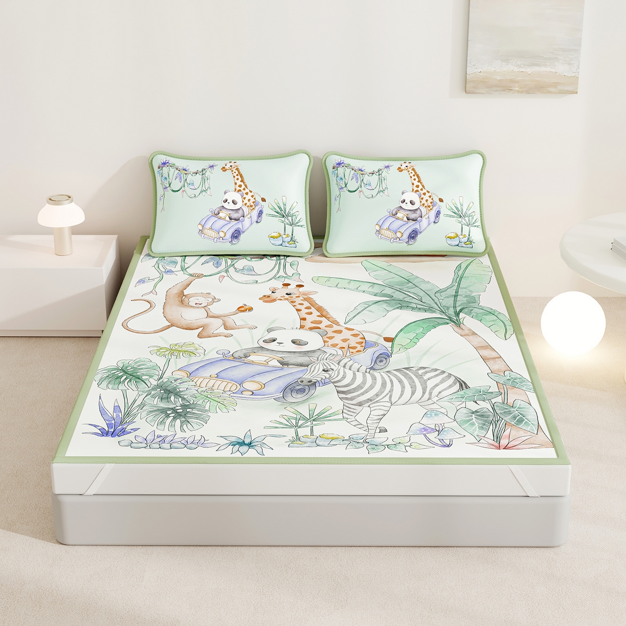 91家纺网 家纺一手货源 找家纺 奇丝雅 2026A类数码印花大版卡通冰丝凉席双人席可机洗学生宿舍空调软席三件套三明治网底 动物乐园