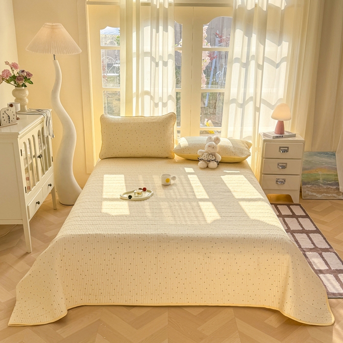 91家纺网 家纺一手货源 找家纺 晓时候 2026新款双层纱印花单床盖床盖单件单品床盖 多彩波点