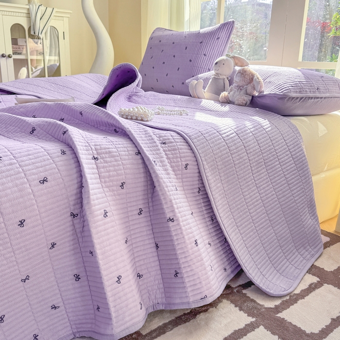 91家纺网 家纺一手货源 找家纺 晓时候 2026新款双层纱印花单床盖床盖单件单品床盖 蝴蝶结-紫