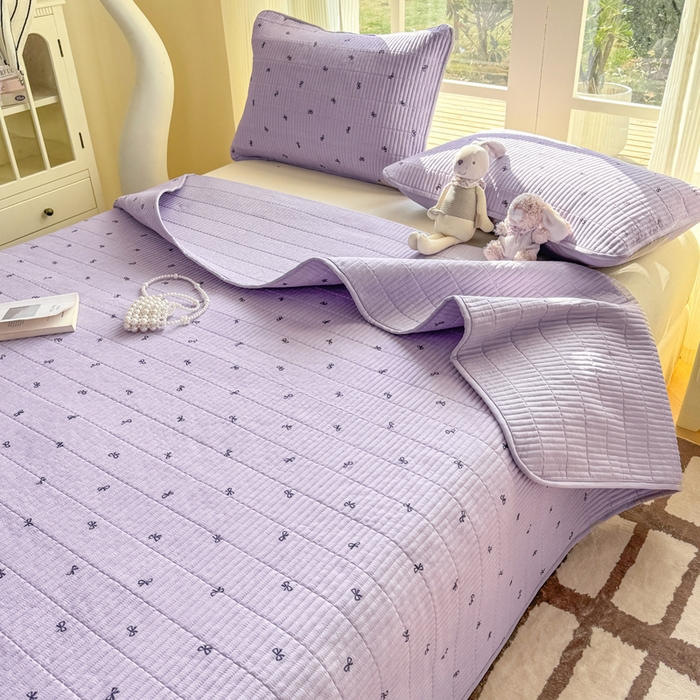 91家纺网 家纺一手货源 找家纺 晓时候 2026新款双层纱印花单床盖床盖单件单品床盖 蝴蝶结-紫