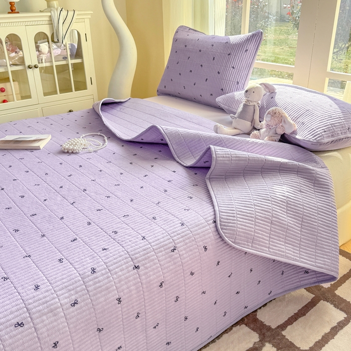91家纺网 家纺一手货源 找家纺 晓时候 2026新款双层纱印花单床盖床盖单件单品床盖 蝴蝶结-紫