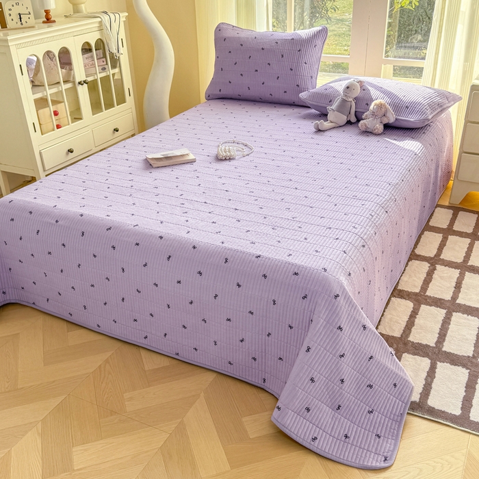 91家纺网 家纺一手货源 找家纺 晓时候 2026新款双层纱印花单床盖床盖单件单品床盖 蝴蝶结-紫