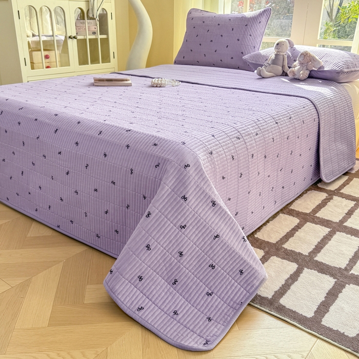 91家纺网 家纺一手货源 找家纺 晓时候 2026新款双层纱印花单床盖床盖单件单品床盖 蝴蝶结-紫