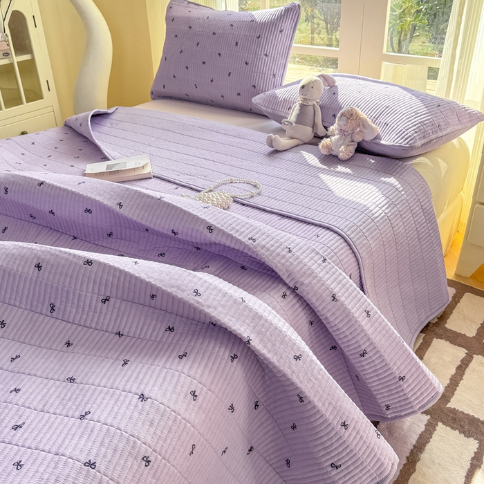 91家纺网 家纺一手货源 找家纺 晓时候 2026新款双层纱印花单床盖床盖单件单品床盖 蝴蝶结-紫