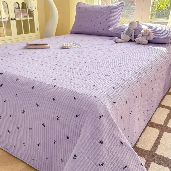 91家纺网 家纺一手货源 找家纺 晓时候 2026新款双层纱印花单床盖床盖单件单品床盖 蝴蝶结-紫