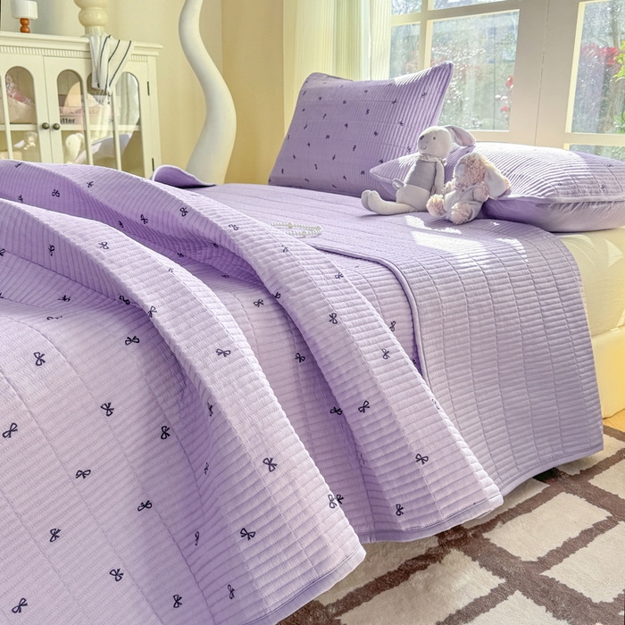 91家纺网 家纺一手货源 找家纺 晓时候 2026新款双层纱印花单床盖床盖单件单品床盖 蝴蝶结-紫