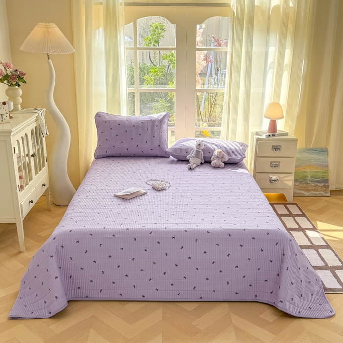 91家纺网 家纺一手货源 找家纺 晓时候 2026新款双层纱印花单床盖床盖单件单品床盖 蝴蝶结-紫