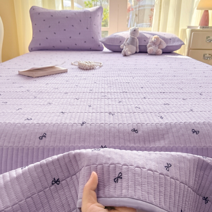 91家纺网 家纺一手货源 找家纺 晓时候 2026新款双层纱印花单床盖床盖单件单品床盖 蝴蝶结-紫