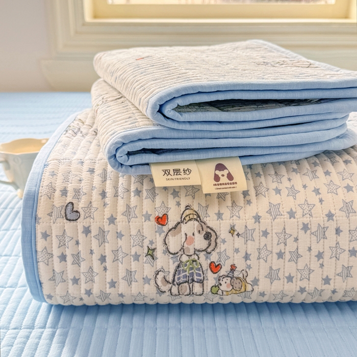 91家纺网 家纺一手货源 找家纺 晓时候 2026新款双层纱印花单床盖床盖单件单品床盖 璀璨小狗