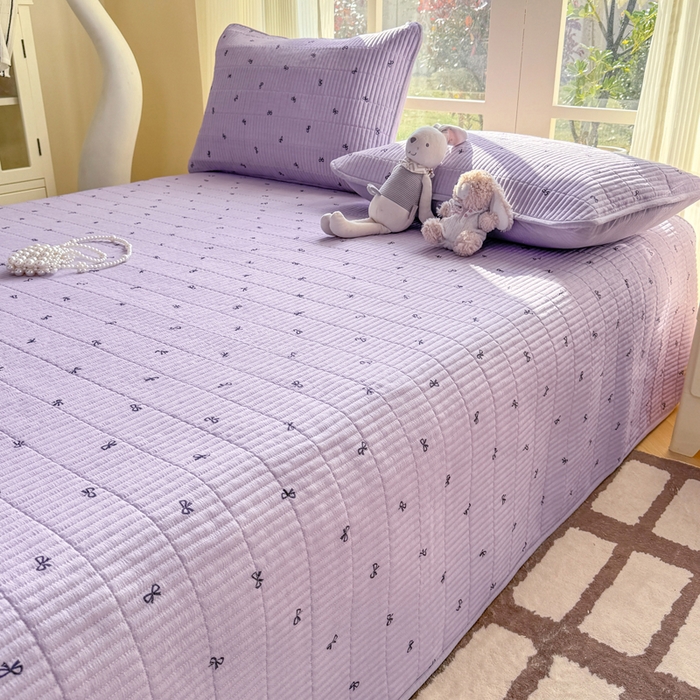 91家纺网 家纺一手货源 找家纺 晓时候 2026新款双层纱印花单床盖床盖单件单品床盖 蝴蝶结-紫