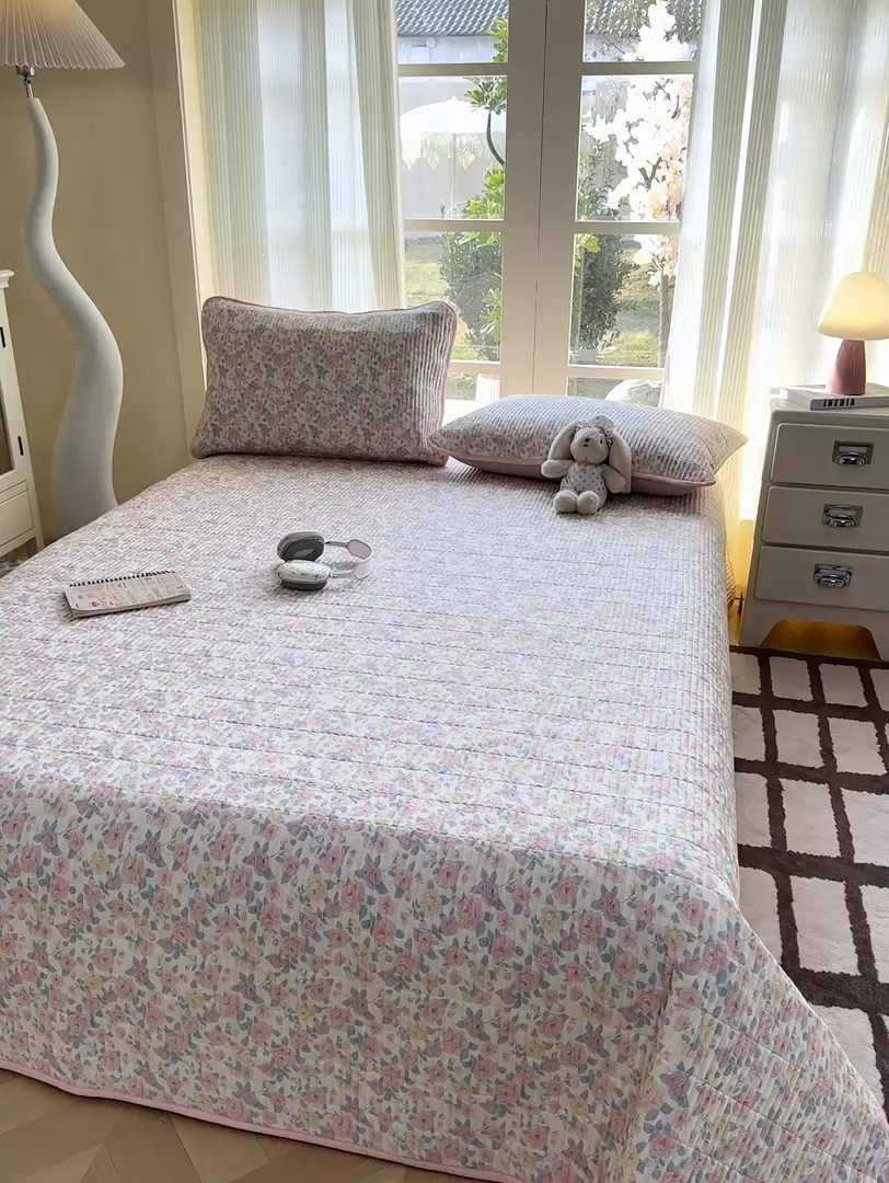 91家纺网 家纺一手货源 找家纺 晓时候 2026新款双层纱印花单床盖床盖单件单品床盖 繁花