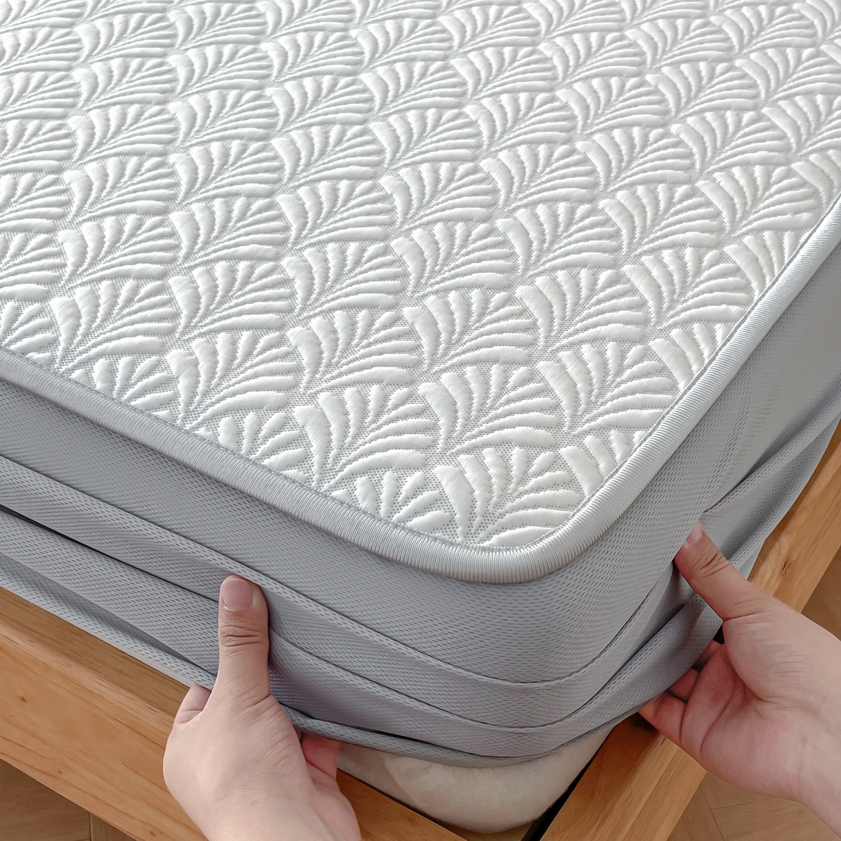 91家纺网 家纺一手货源 找家纺 （总）羚羊语家纺 2026新款PE提花凉泡泡席床笠款460克冰萃席凉豆豆夏季几何轻奢凉感软席子三件套【配包装】