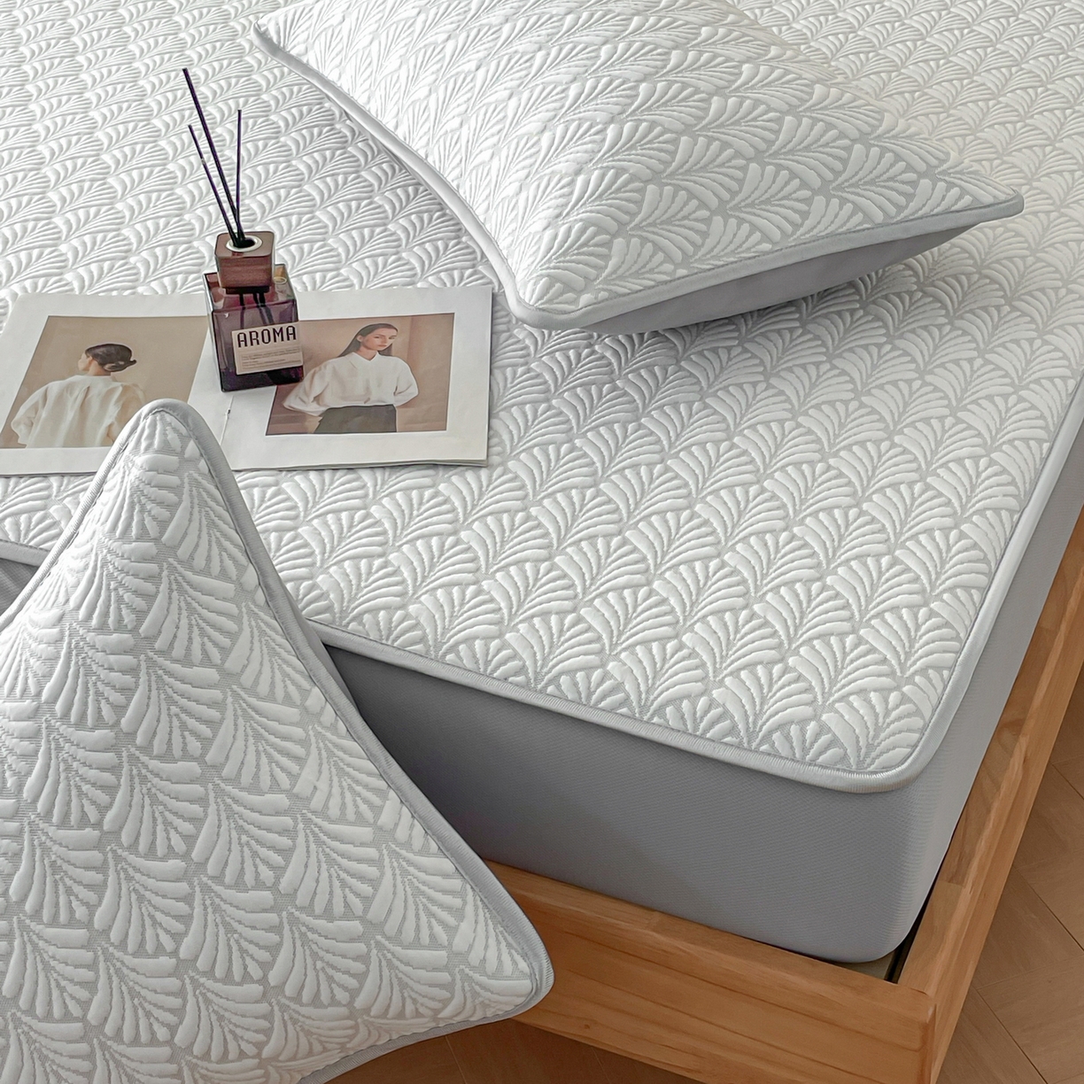 91家纺网 家纺一手货源 找家纺 （总）羚羊语家纺 2026新款PE提花凉泡泡席床笠款460克冰萃席凉豆豆夏季几何轻奢凉感软席子三件套【配包装】