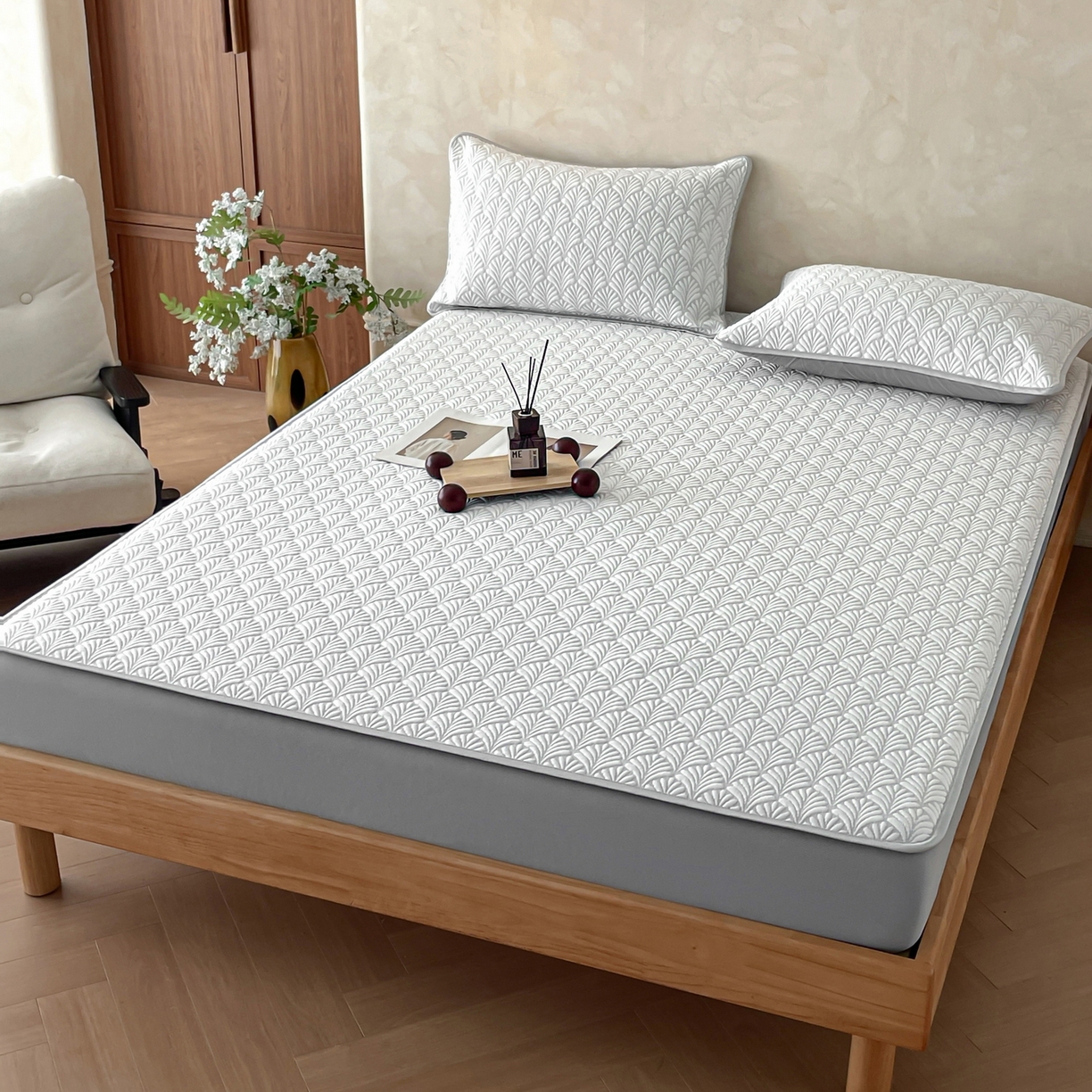 91家纺网 家纺一手货源 找家纺 羚羊语家纺 2026新款PE提花凉泡泡席床笠款460克冰萃席凉豆豆夏季几何轻奢凉感软席子三件套【配包装】 冰萃席-贝界