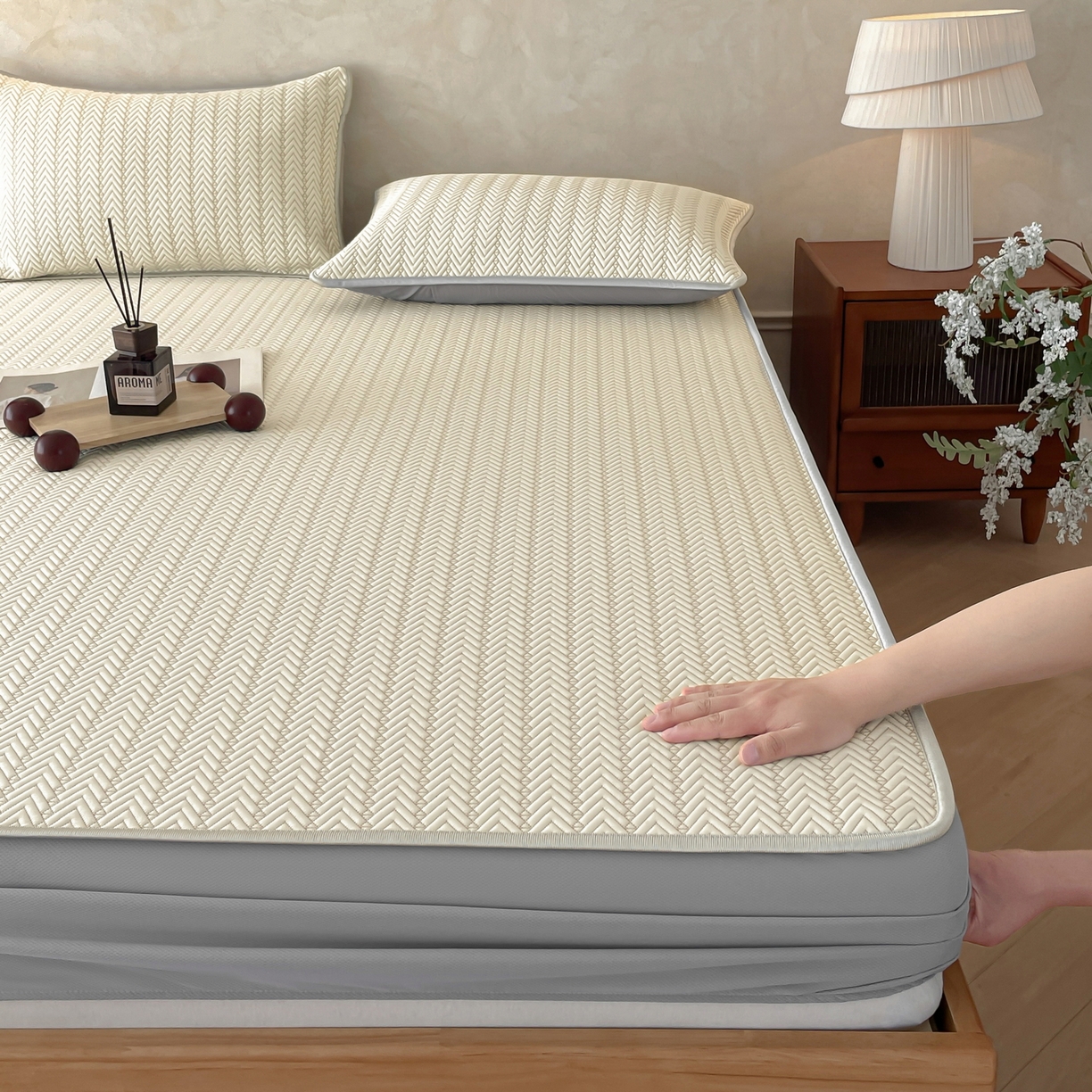 91家纺网 家纺一手货源 找家纺 羚羊语家纺 2026新款PE提花凉泡泡席床笠款460克冰萃席凉豆豆夏季几何轻奢凉感软席子三件套【配包装】 冰萃席-菱序