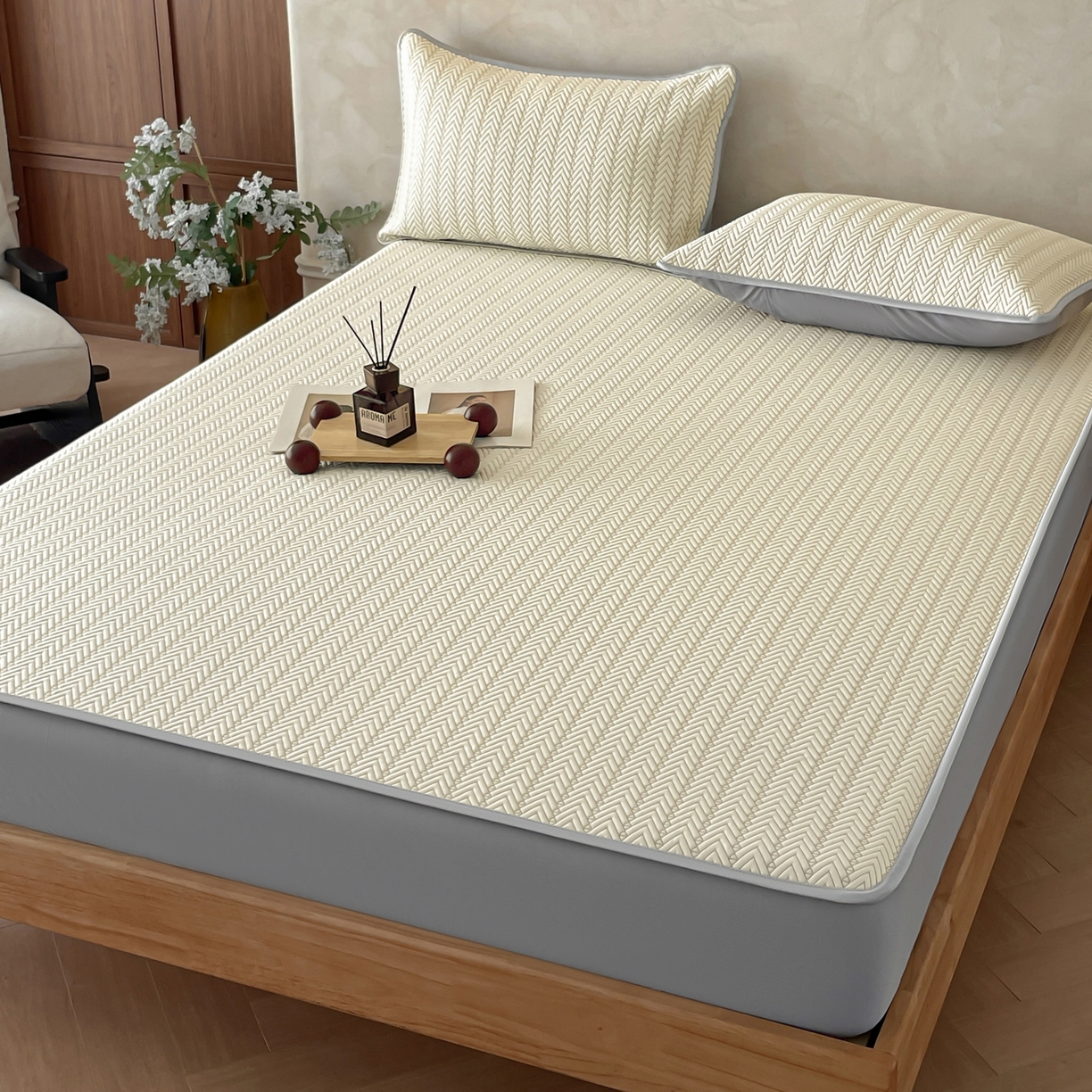 91家纺网 家纺一手货源 找家纺 羚羊语家纺 2026新款PE提花凉泡泡席床笠款460克冰萃席凉豆豆夏季几何轻奢凉感软席子三件套【配包装】 冰萃席-菱序