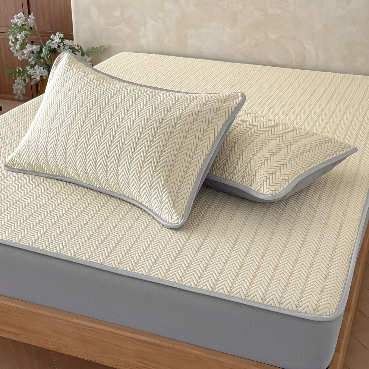 91家纺网 家纺一手货源 找家纺 羚羊语家纺 2026新款PE提花凉泡泡席床笠款460克冰萃席凉豆豆夏季几何轻奢凉感软席子三件套【配包装】 冰萃席-菱序