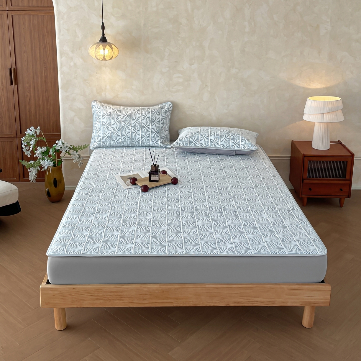 91家纺网 家纺一手货源 找家纺 羚羊语家纺 2026新款PE提花凉泡泡席床笠款460克冰萃席凉豆豆夏季几何轻奢凉感软席子三件套【配包装】 冰萃席-半晟