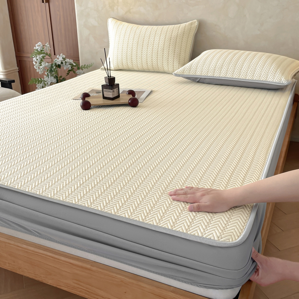 羚羊语家纺 2026新款PE提花凉泡泡席床笠款460克冰萃席凉豆豆夏季几何轻奢凉感软席子三件套【配包装】 冰萃席-菱序