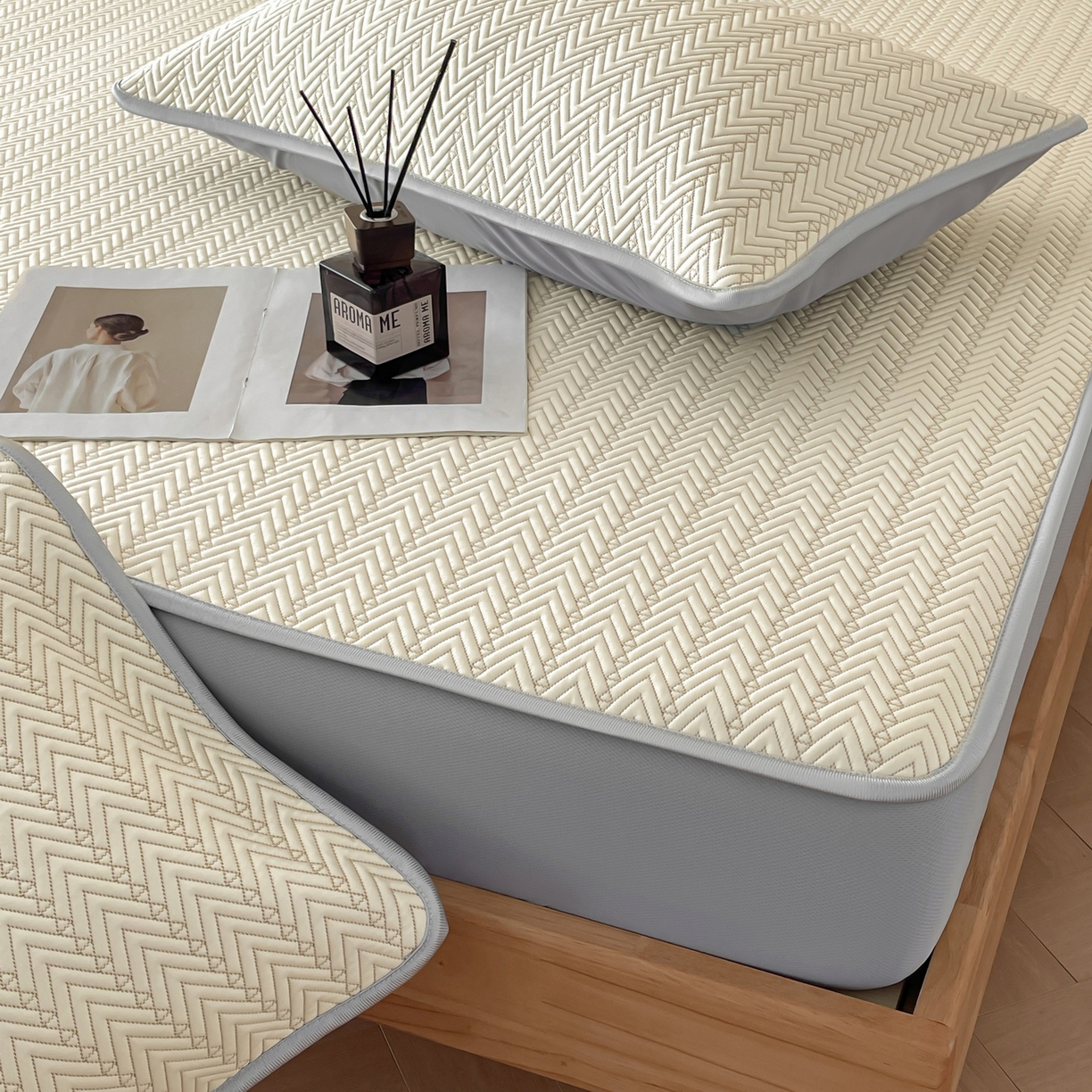 91家纺网 家纺一手货源 找家纺 羚羊语家纺 2026新款PE提花凉泡泡席床笠款460克冰萃席凉豆豆夏季几何轻奢凉感软席子三件套【配包装】 冰萃席-菱序