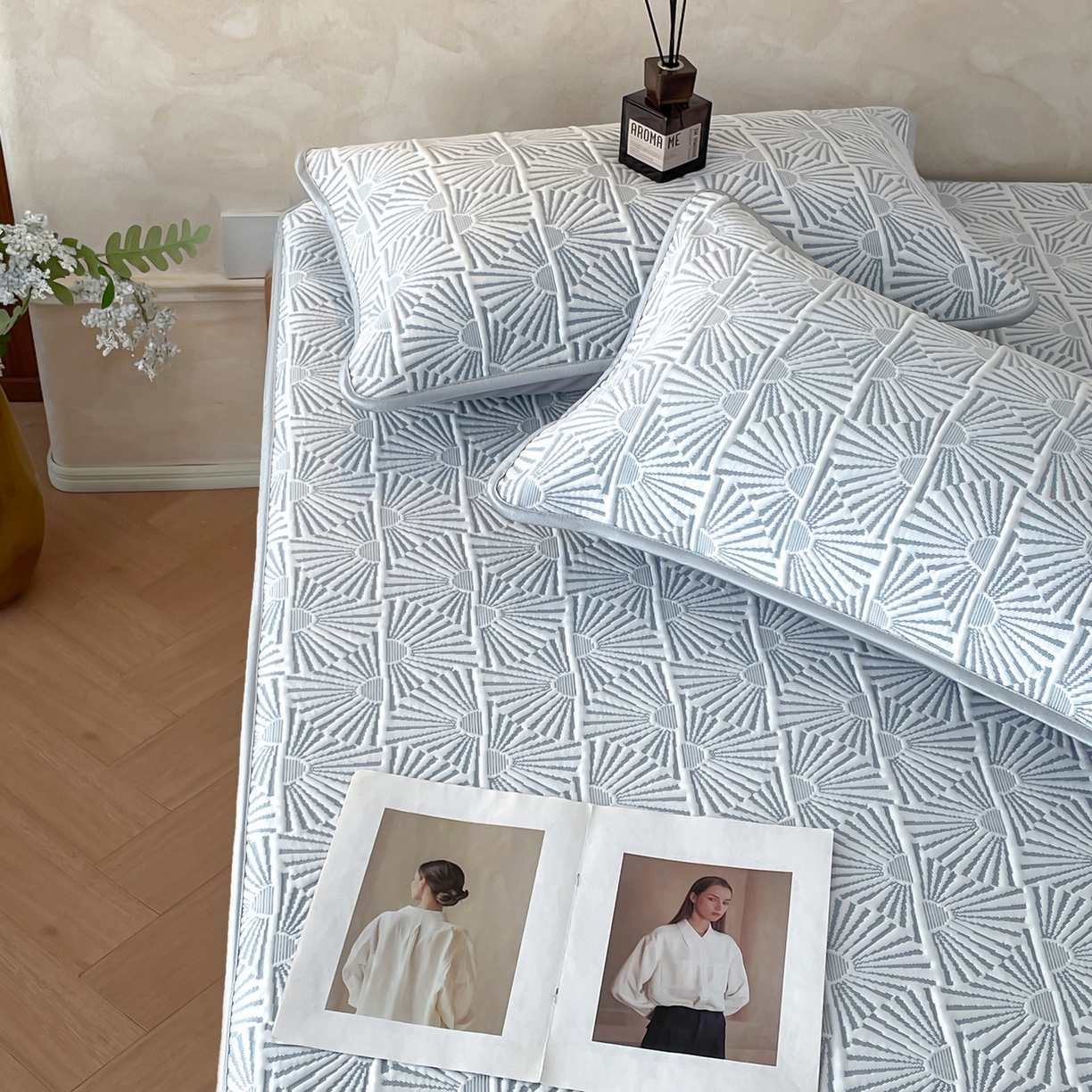 91家纺网 家纺一手货源 找家纺 羚羊语家纺 2026新款PE提花凉泡泡席床笠款460克冰萃席凉豆豆夏季几何轻奢凉感软席子三件套【配包装】 冰萃席-半晟