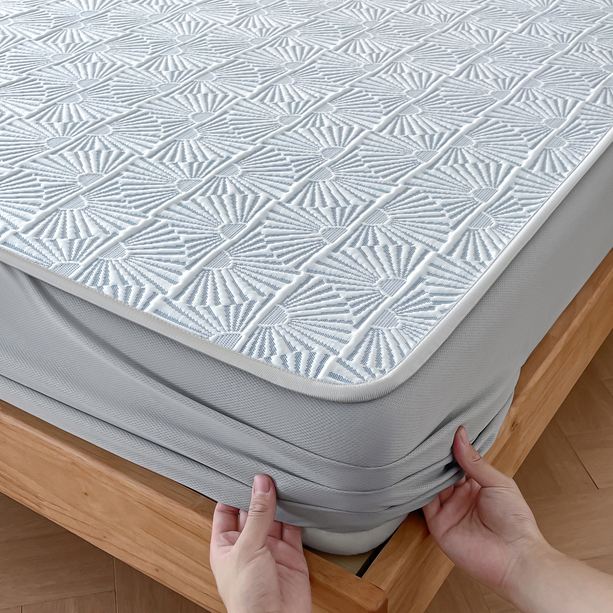 91家纺网 家纺一手货源 找家纺 羚羊语家纺 2026新款PE提花凉泡泡席床笠款460克冰萃席凉豆豆夏季几何轻奢凉感软席子三件套【配包装】 冰萃席-半晟