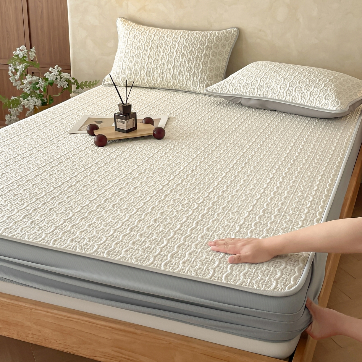 羚羊语家纺 2026新款PE提花凉泡泡席床笠款460克冰萃席凉豆豆夏季几何轻奢凉感软席子三件套【配包装】 冰萃席-冰格