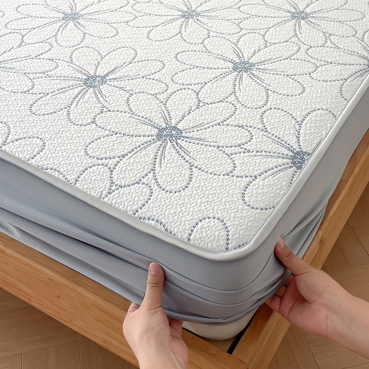 91家纺网 家纺一手货源 找家纺 羚羊语家纺 2026新款PE提花凉泡泡席床笠款460克冰萃席凉豆豆夏季几何轻奢凉感软席子三件套【配包装】 冰萃席-花沁