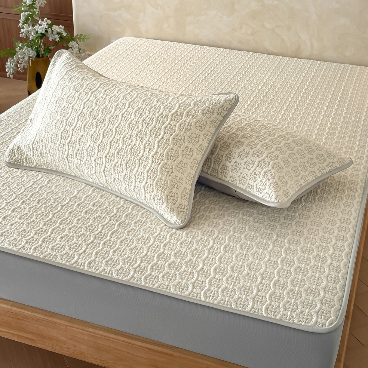 91家纺网 家纺一手货源 找家纺 羚羊语家纺 2026新款PE提花凉泡泡席床笠款460克冰萃席凉豆豆夏季几何轻奢凉感软席子三件套【配包装】 冰萃席-冰格