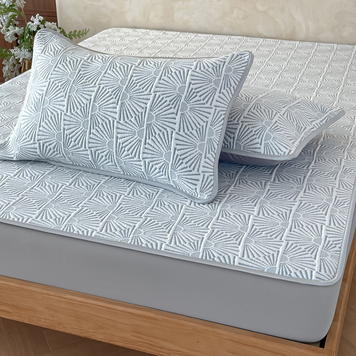 91家纺网 家纺一手货源 找家纺 羚羊语家纺 2026新款PE提花凉泡泡席床笠款460克冰萃席凉豆豆夏季几何轻奢凉感软席子三件套【配包装】 冰萃席-半晟