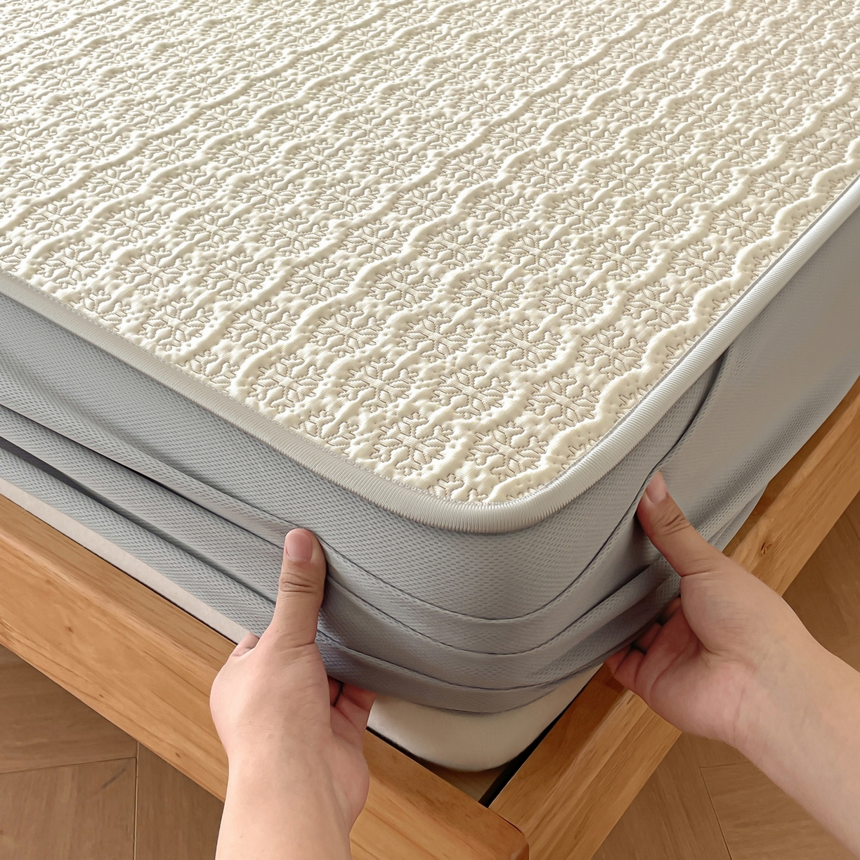 91家纺网 家纺一手货源 找家纺 羚羊语家纺 2026新款PE提花凉泡泡席床笠款460克冰萃席凉豆豆夏季几何轻奢凉感软席子三件套【配包装】 冰萃席-冰格