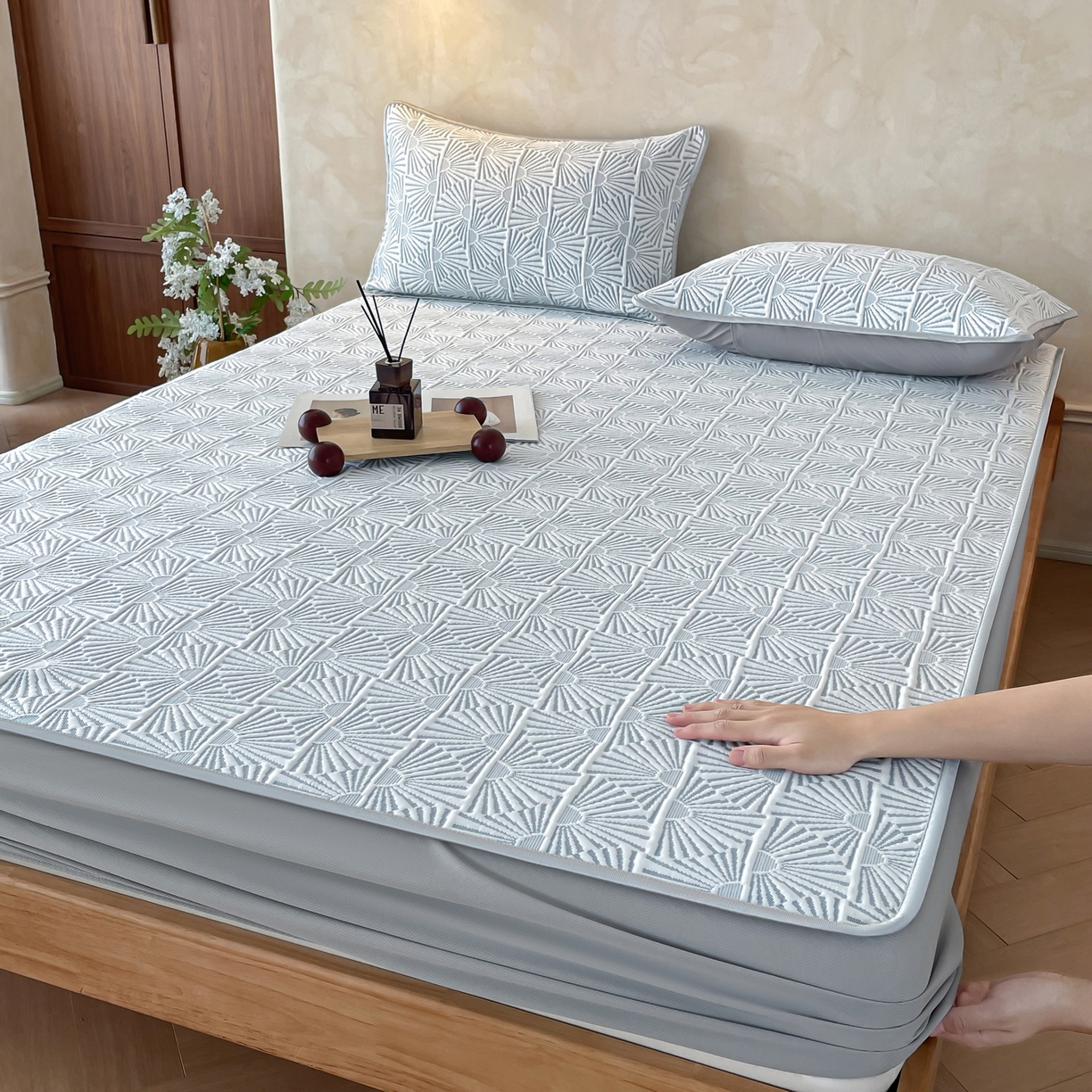 羚羊语家纺 2026新款PE提花凉泡泡席床笠款460克冰萃席凉豆豆夏季几何轻奢凉感软席子三件套【配包装】 冰萃席-半晟