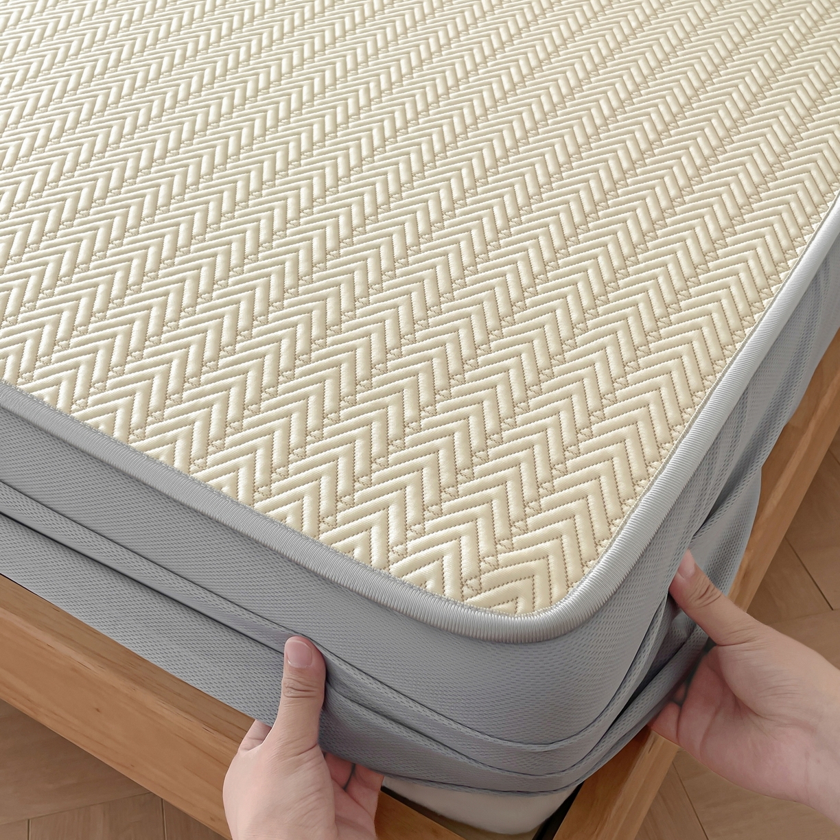 91家纺网 家纺一手货源 找家纺 羚羊语家纺 2026新款PE提花凉泡泡席床笠款460克冰萃席凉豆豆夏季几何轻奢凉感软席子三件套【配包装】 冰萃席-菱序