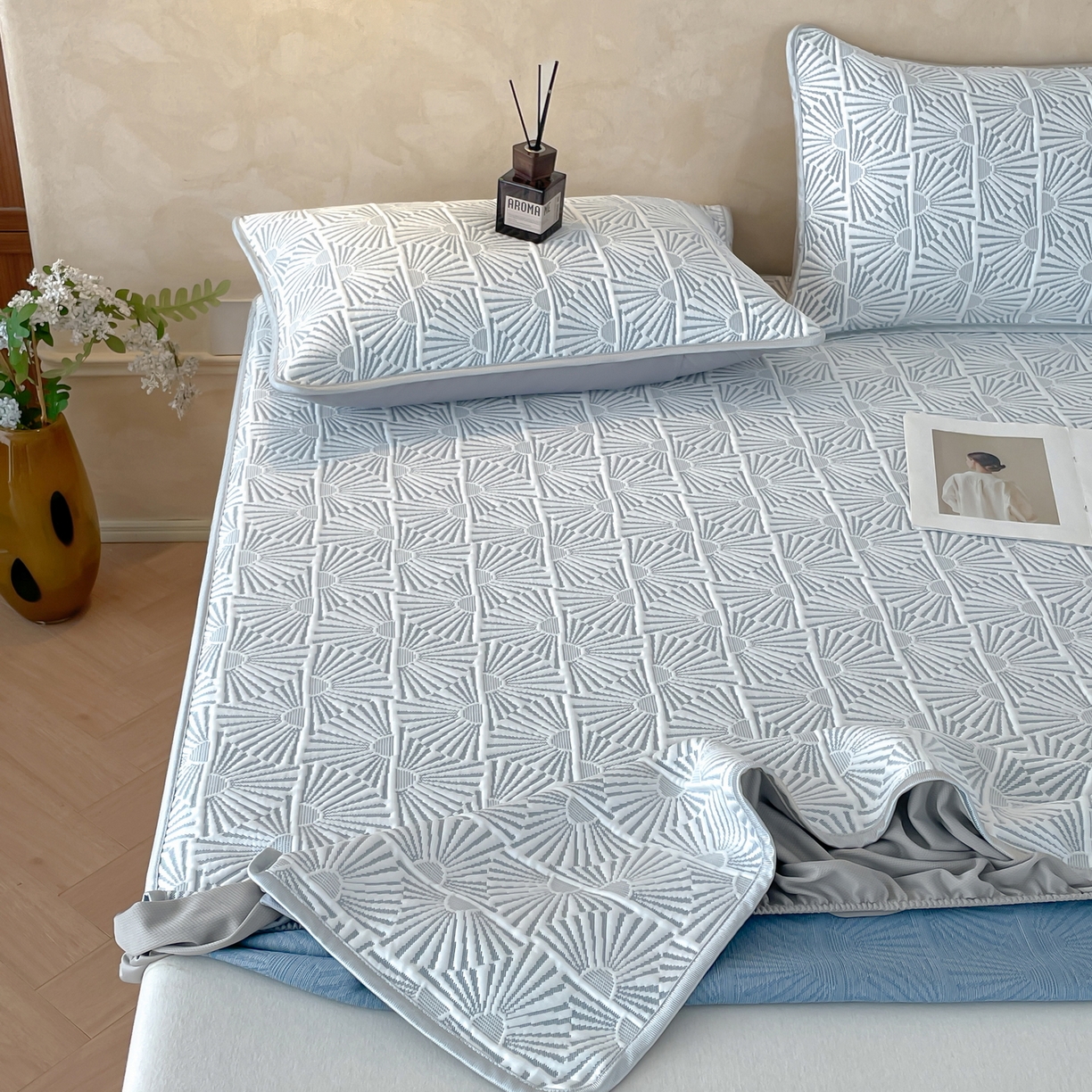 91家纺网 家纺一手货源 找家纺 羚羊语家纺 2026新款PE提花凉泡泡席床笠款460克冰萃席凉豆豆夏季几何轻奢凉感软席子三件套【配包装】 冰萃席-半晟