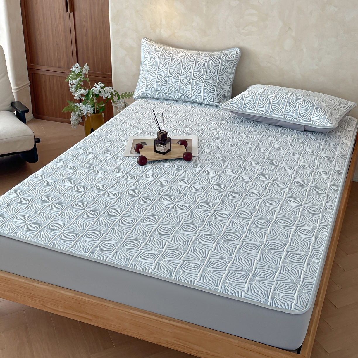 91家纺网 家纺一手货源 找家纺 羚羊语家纺 2026新款PE提花凉泡泡席床笠款460克冰萃席凉豆豆夏季几何轻奢凉感软席子三件套【配包装】 冰萃席-半晟