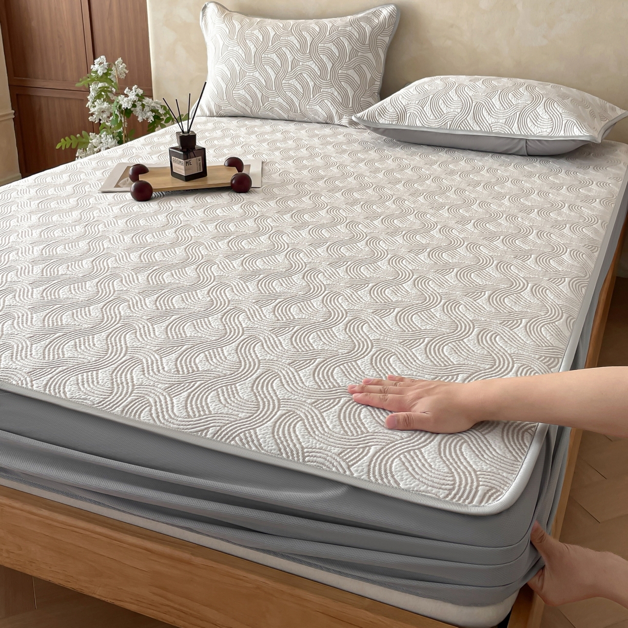 羚羊语家纺 2026新款PE提花凉泡泡席床笠款460克冰萃席凉豆豆夏季几何轻奢凉感软席子三件套【配包装】 冰萃席-纹屿