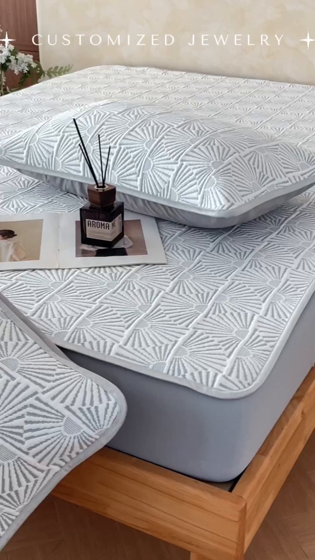 91家纺网 家纺一手货源 找家纺 羚羊语家纺 2026新款PE提花凉泡泡席床笠款460克冰萃席凉豆豆夏季几何轻奢凉感软席子三件套【配包装】 冰萃席-半晟