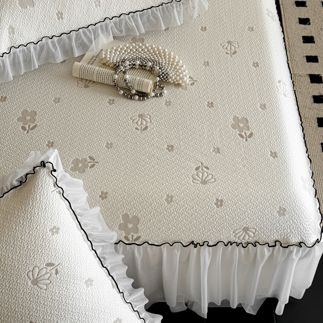 91家纺网 家纺一手货源 找家纺 羚羊语家纺 2026新款韩式PE提花凉泡泡席床裙款中分子【凉感值>2.0】花边乙纶冰豆豆夏季凉感冰丝软席三件套 白月光-小雏菊（配洗护袋）